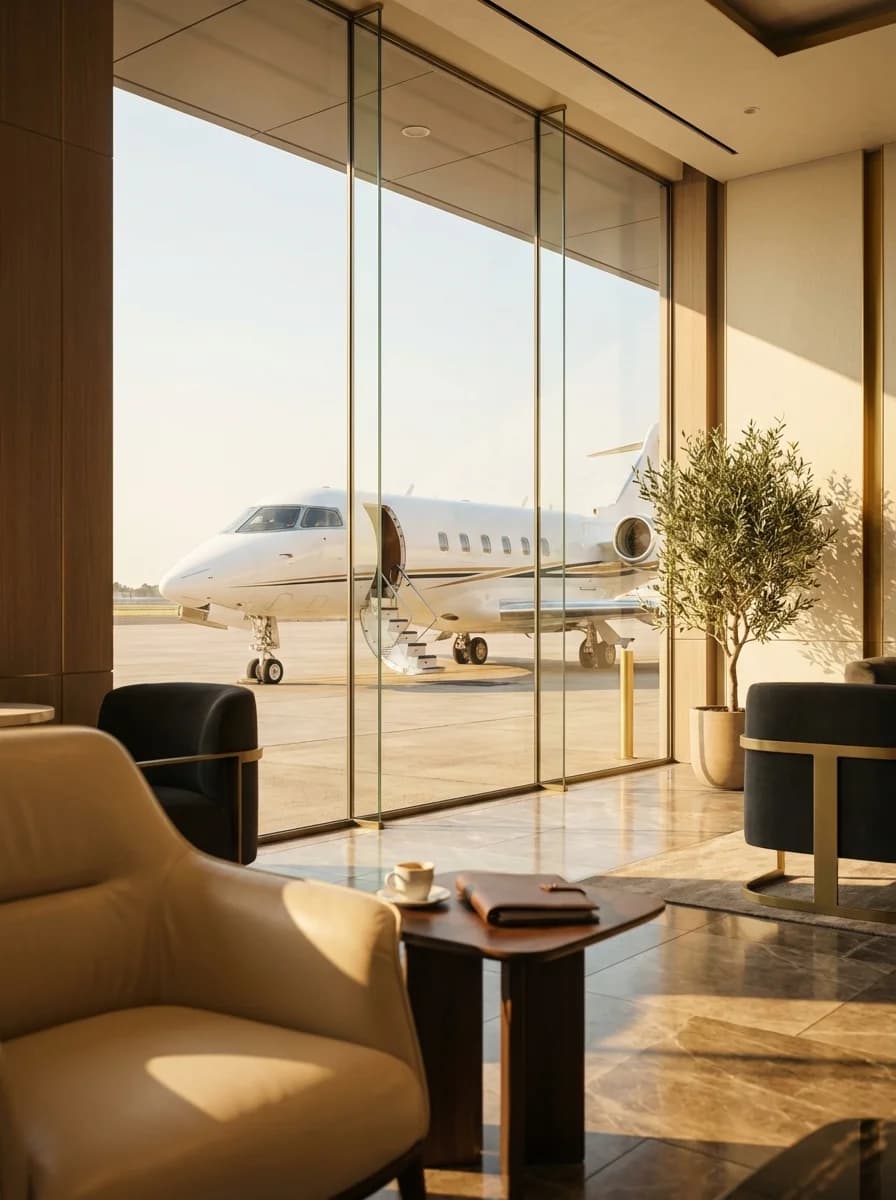 Private FBO terminal interior looking out through floor-to-ceiling glass at a business jet on the apron