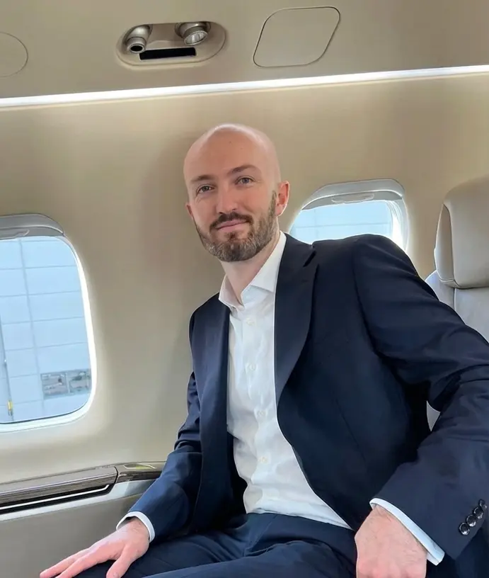 Ewan Marshalsay, founder of Solstice Aviation, seated in a private jet cabin