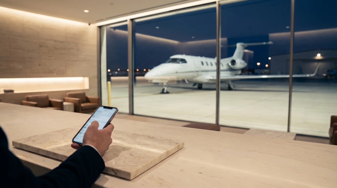 Hand holding a phone in a quiet FBO lounge with a private jet visible on the apron outside
