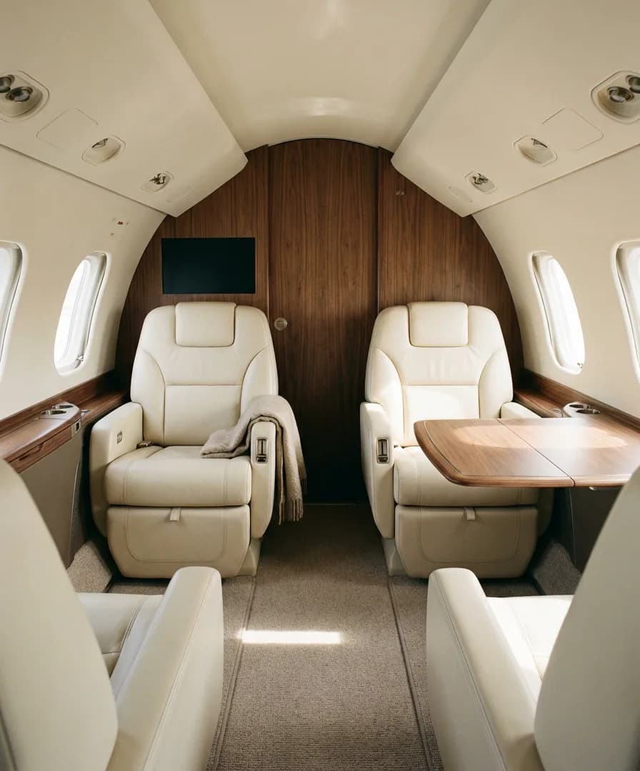 Cream leather seats inside a private jet cabin